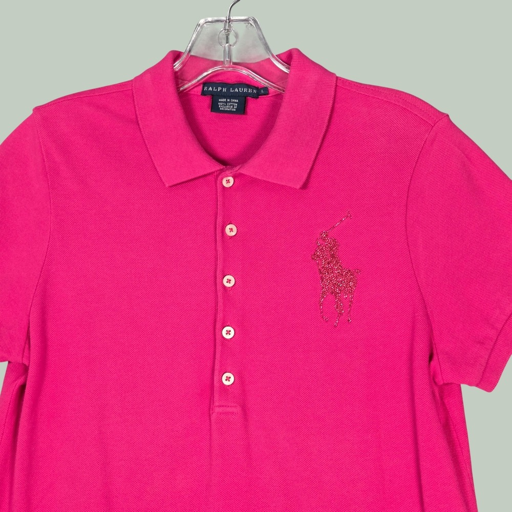 Ralph Lauren Women Large Rhinstone Big Pony Logo Polo Shirt Pink Short Sleeve